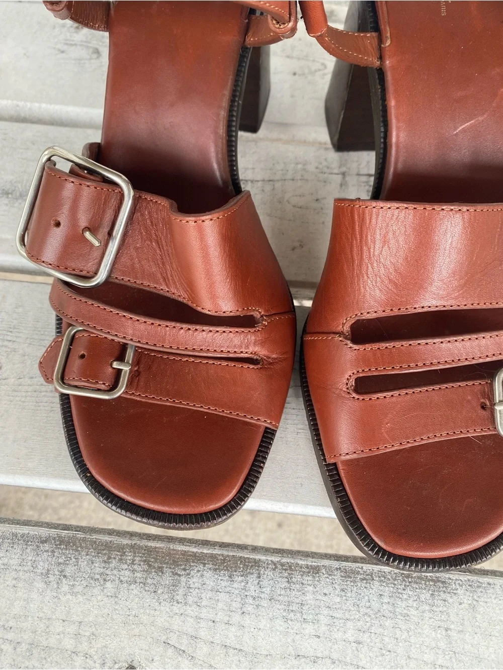 A.P.C. Tess Leather Buckle Block Heel Strappy Sandals Hazelnut Quiet Luxury 39/9